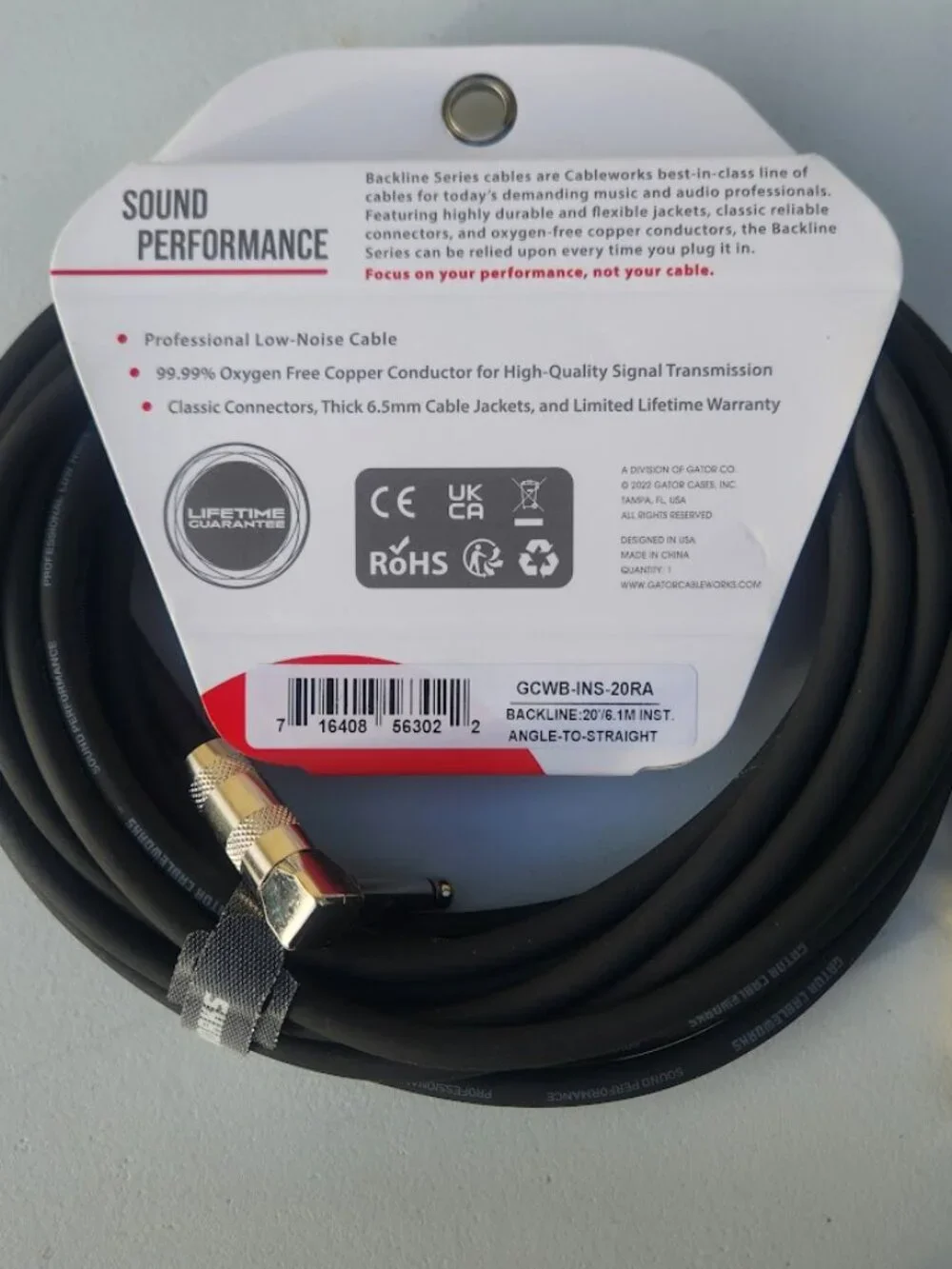 NEW 20' Electric Guitar Cable Cableworks Gator Cases Backline Series Standard 20